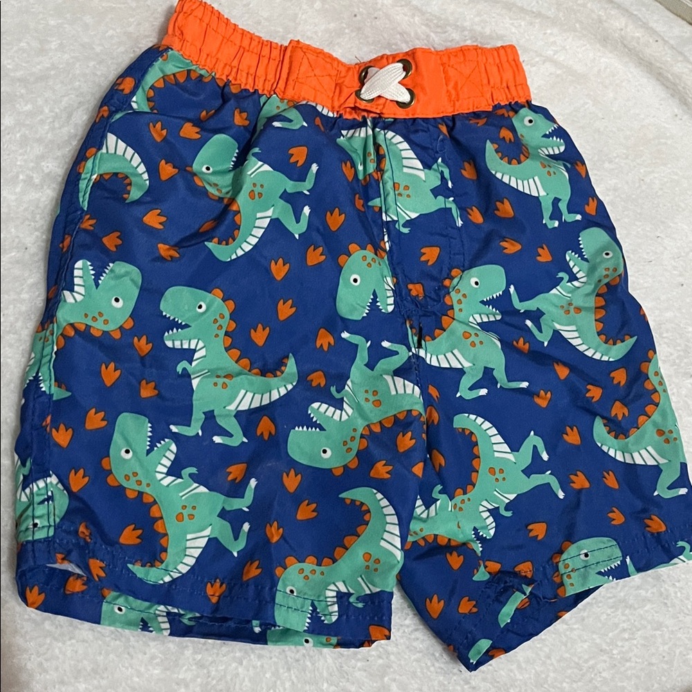 Dinosaur Print Kids Swim Trunks - Blue and Orange
